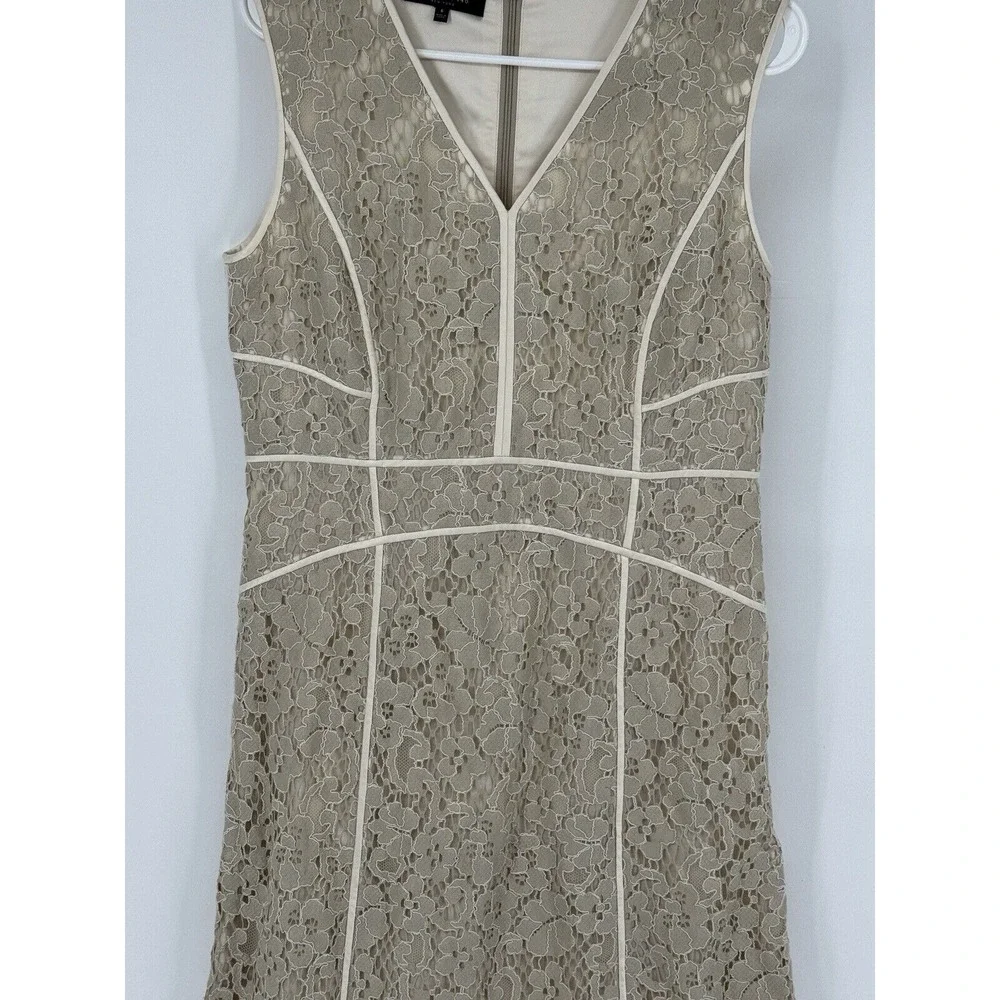 Lafayette 148 New York Women's Sleeveless V Neck Lace Overlay Dress 6 Bone Cream - Picture 4 of 8